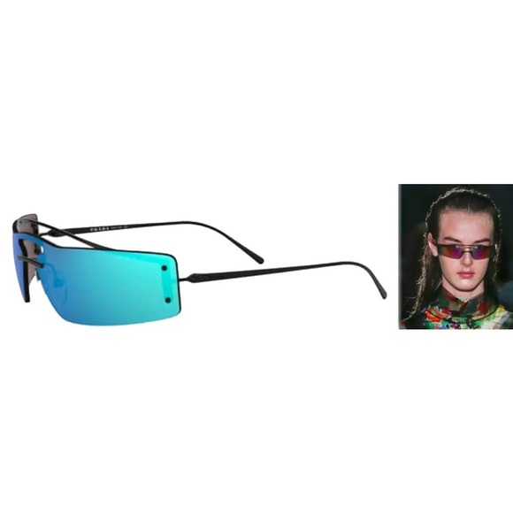 $390 Prada Rectangular Shield Sunglasses Blue Mirror Black Frame Lightweight NIB